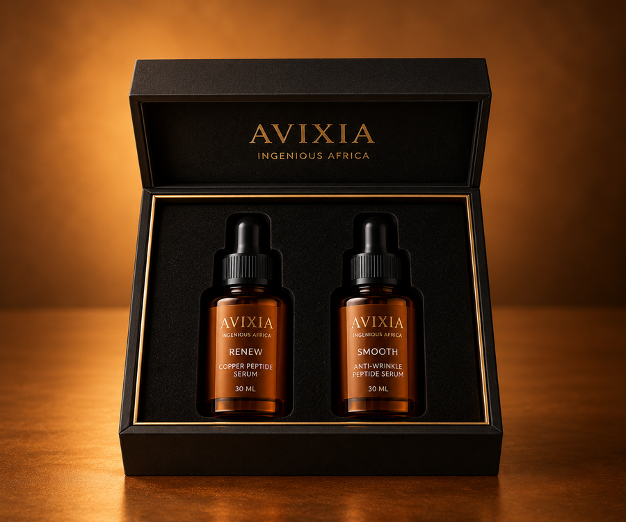 Serum duo box holding Peptide Renewal and Radiance Repair serums, 30 ml each