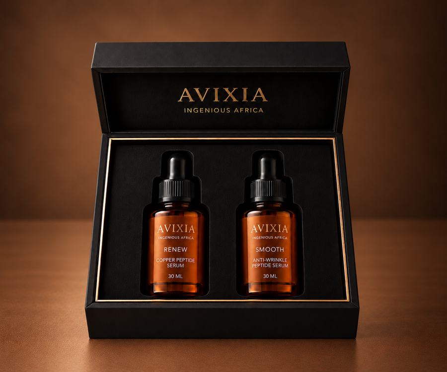 Serum duo box holding Peptide Renewal and Radiance Repair serums, 30 ml each