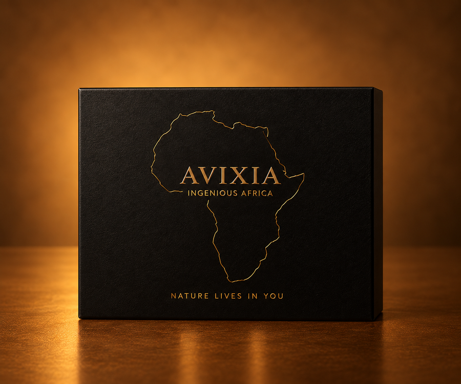 Black AVIXIA gift box with an embossed outline of Africa and the words Nature lives in you