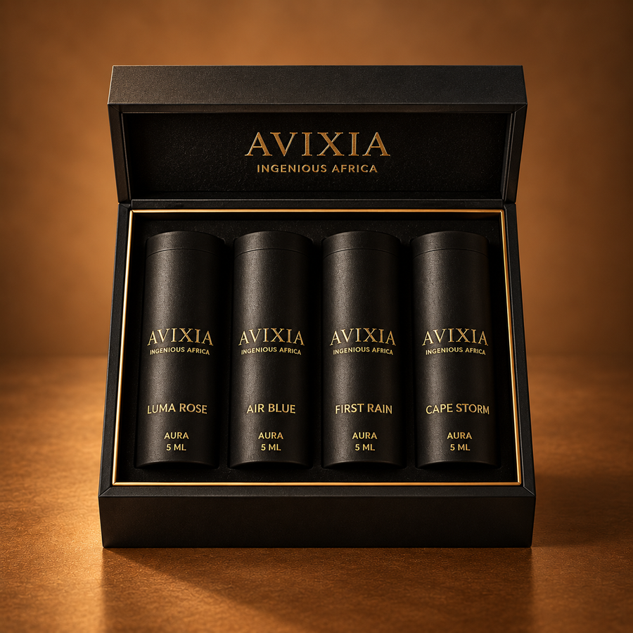 Discovery box holding four black 5 ml AURA fragrance tubes