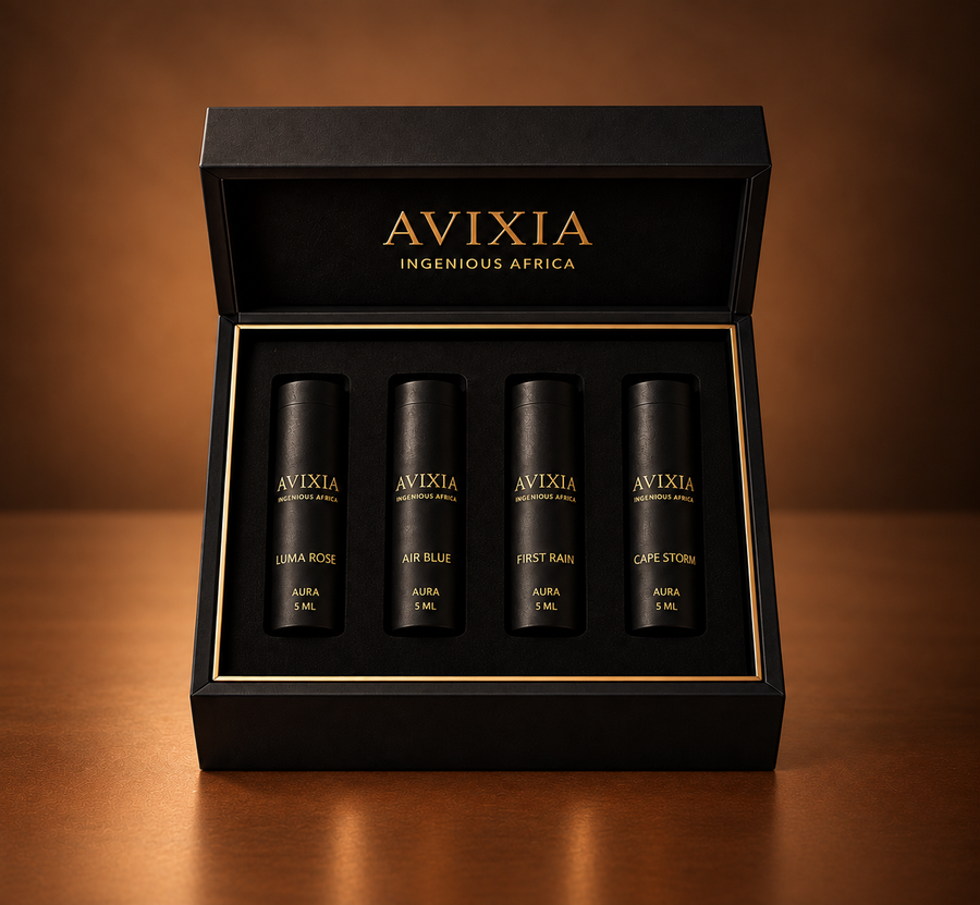 Discovery box holding four black 5 ml AURA fragrance tubes