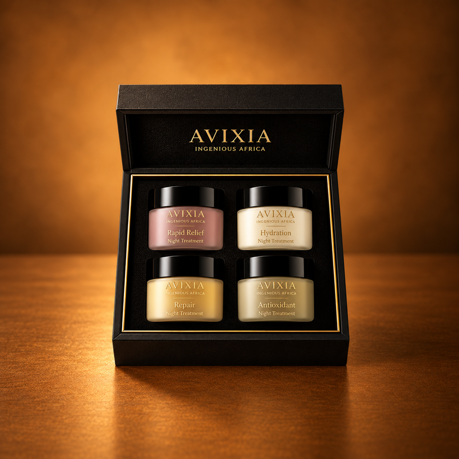 Night lip collection box holding four 15 ml jars in rose, sand, mauve and olive