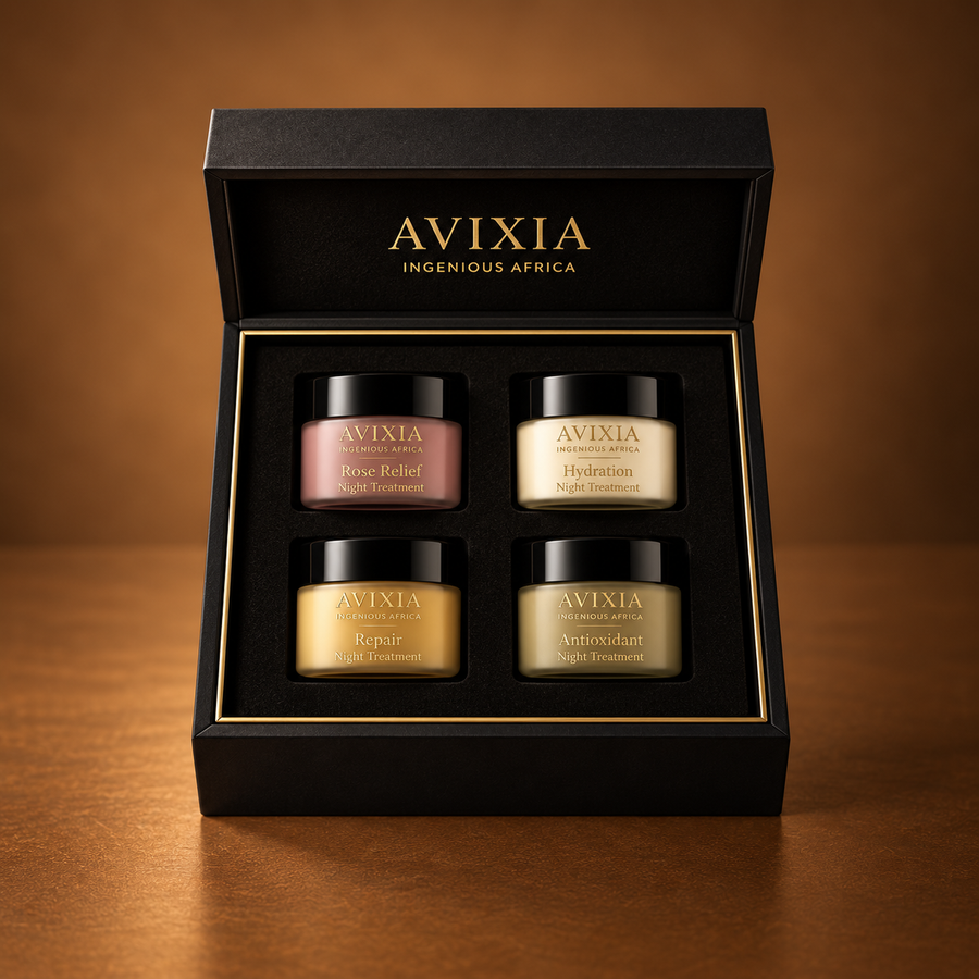 Night lip collection box holding four 15 ml jars in rose, sand, mauve and olive