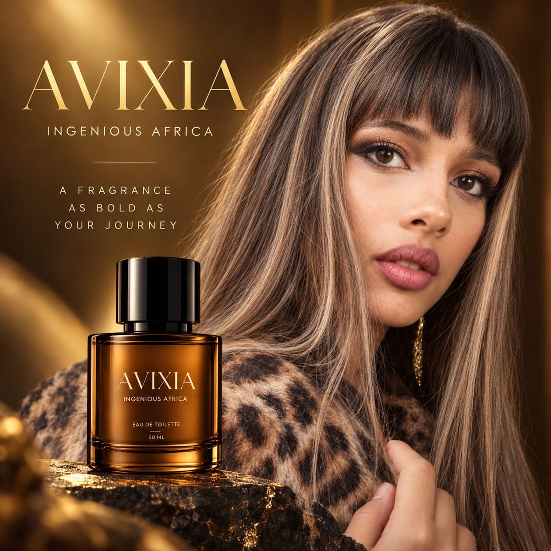 AVIXIA Eau de Parfum, 50 ml, in amber glass with a black cap and gold lettering