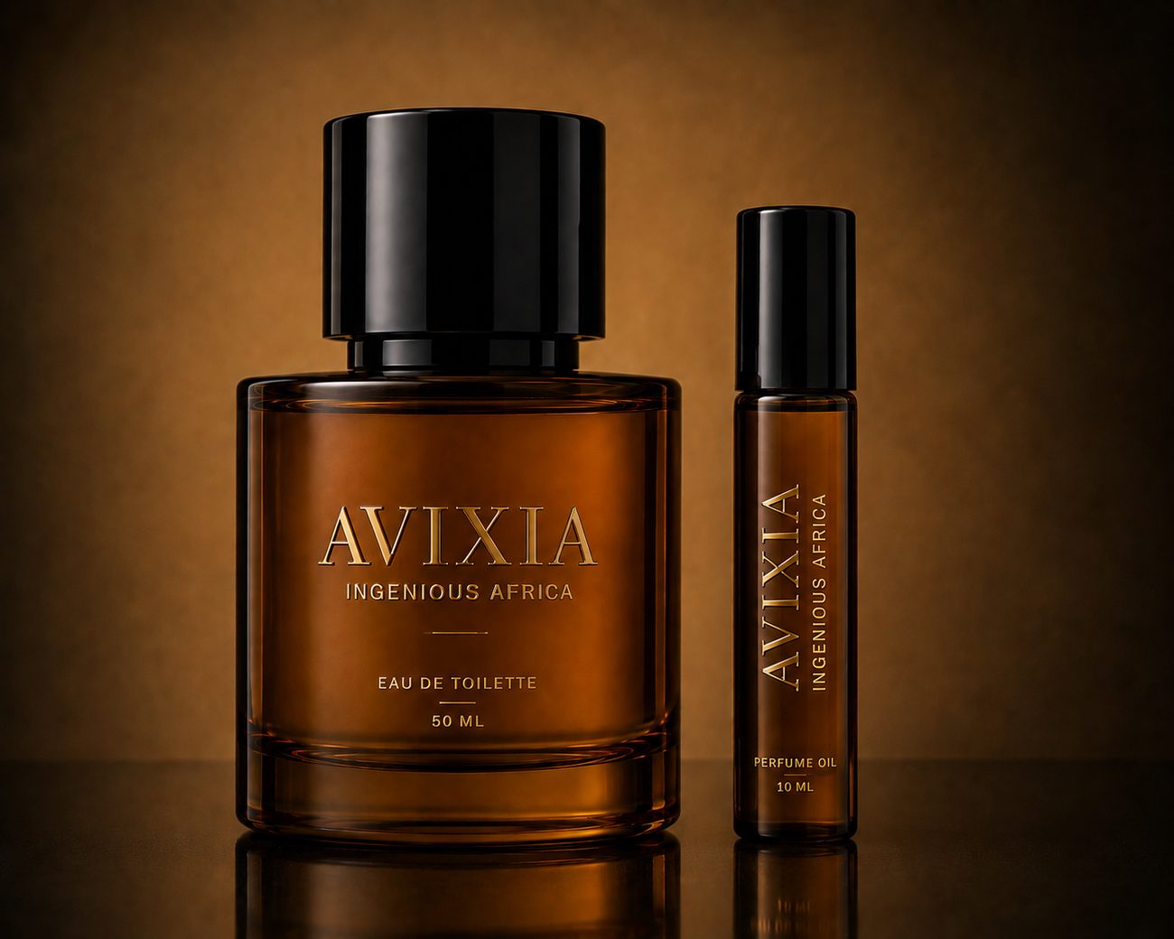 AVIXIA Eau de Toilette 50 ml beside a 10 ml perfume oil roll-on, both in amber glass with gold lettering